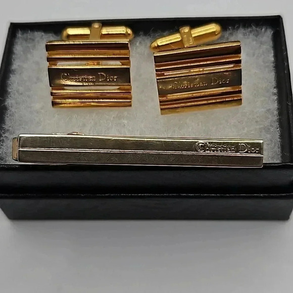 Christian Dior Bullet Back Gold and Silver Tone Cufflinks and Tie Bar - Picture 1 of 3